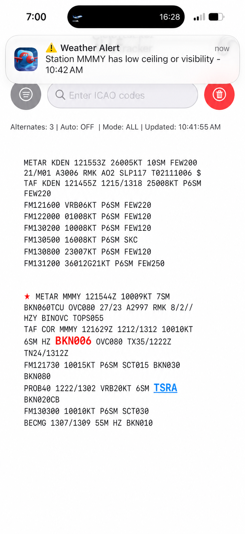 CieloTracker weather alert notification and METAR TAF monitoring screen