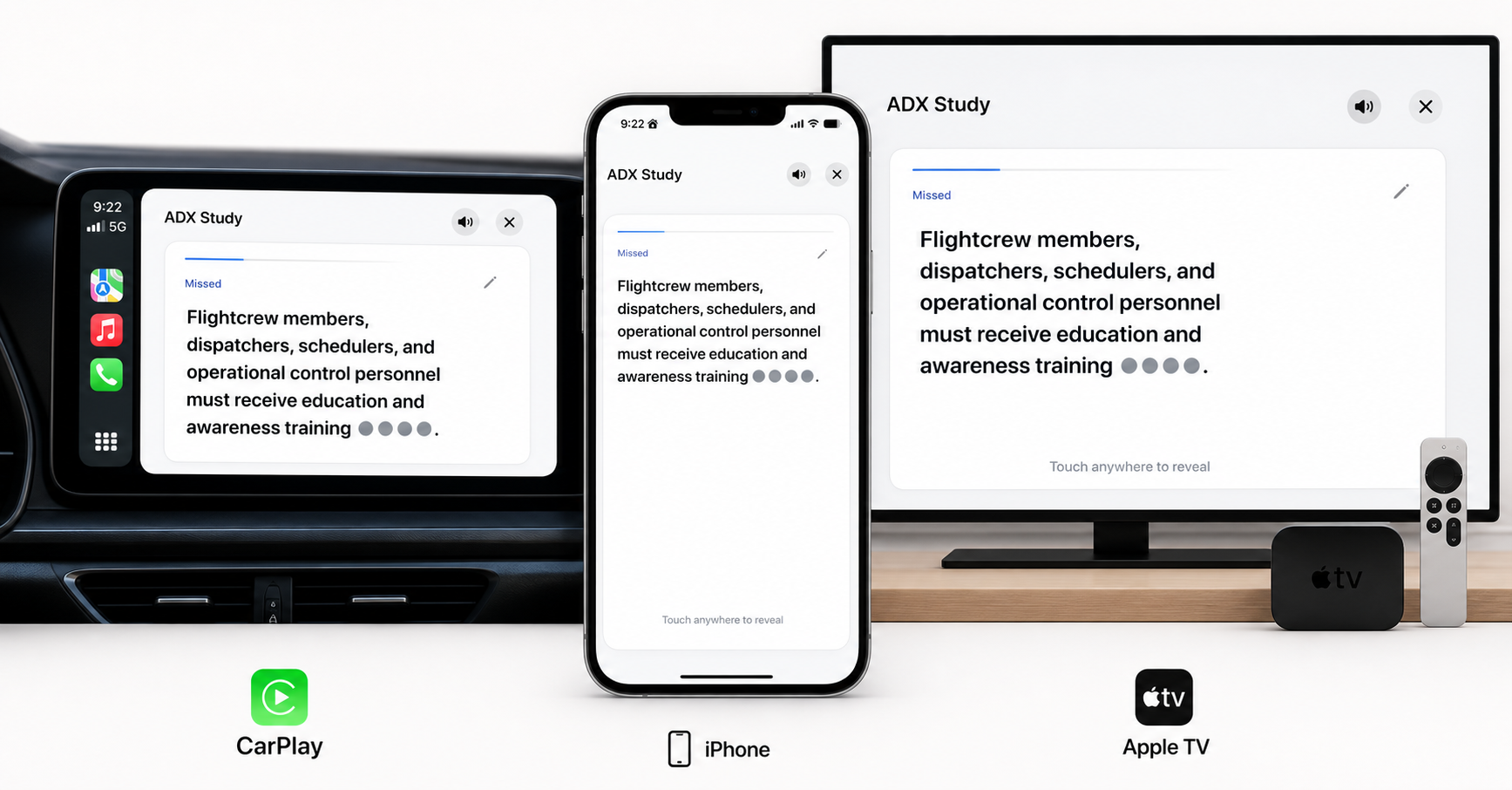 Flight Dispatch Study shown across iPhone, CarPlay, and Apple TV