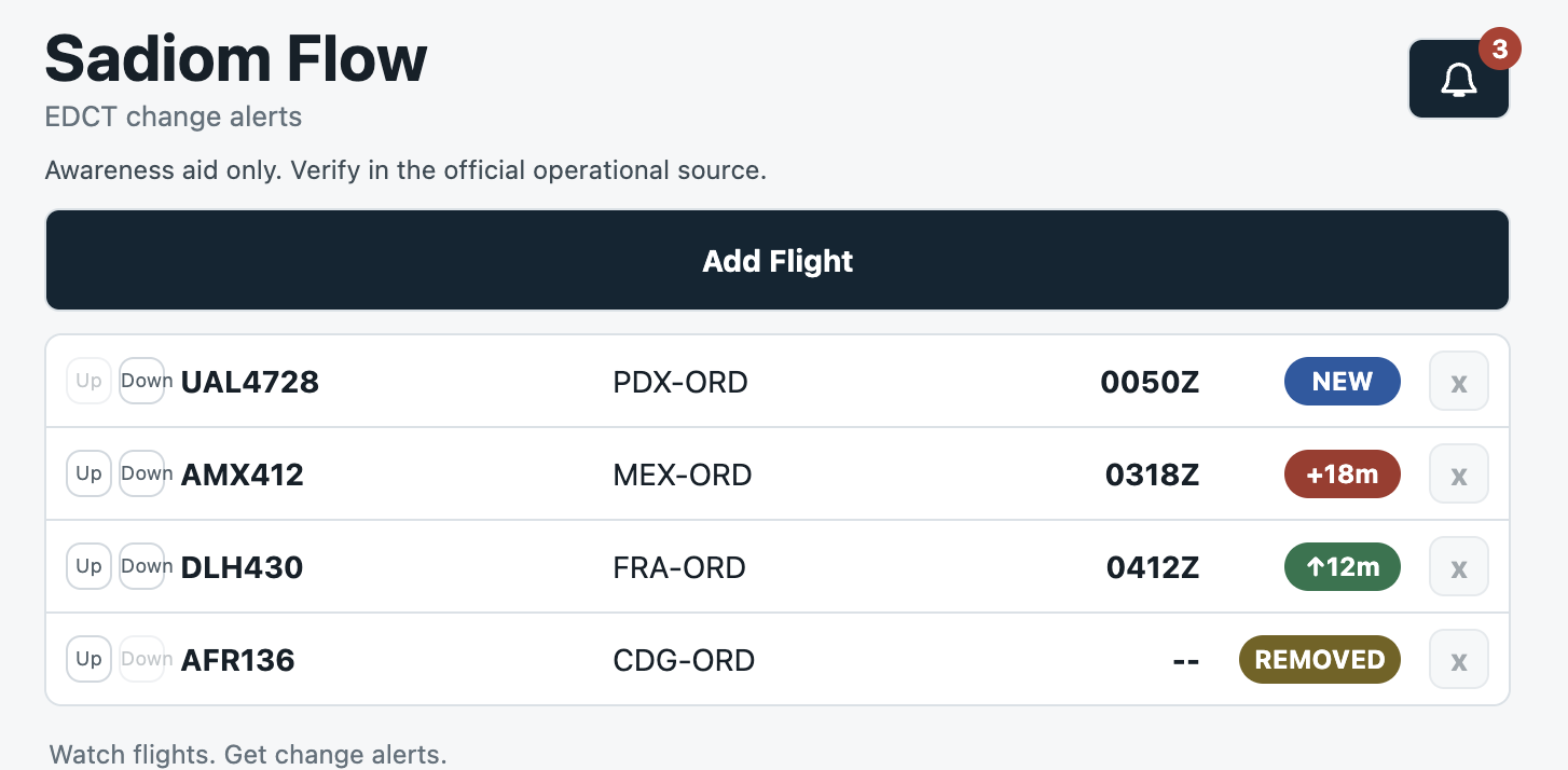 Sadiom Flow flight tracking list with EDCT status pills